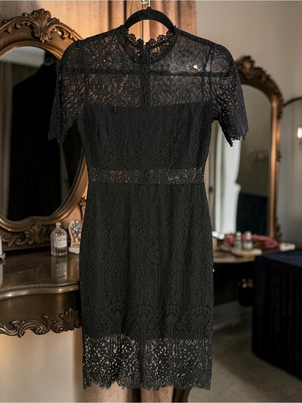 Lulus Black Whimsical Lace Mock Neck Sheath Dress Small EUC - Picture 13 of 14